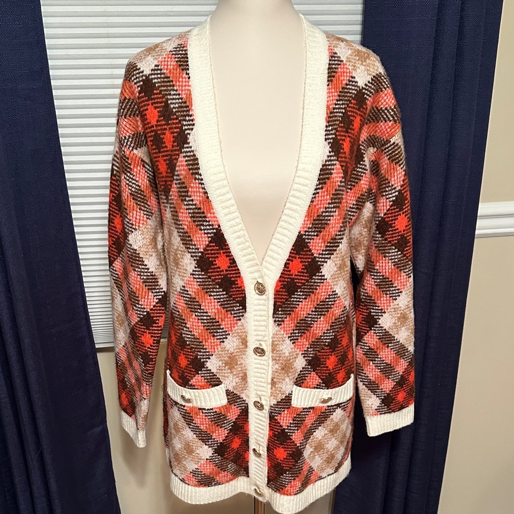 Plaid Cardigan Sweater - Red and Brown